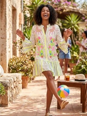 White Floral Lace Mini Dress with Neon Embroidery